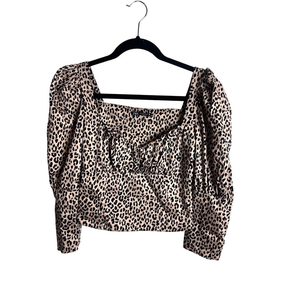 Zara Cropped Cheetah Print Top Size Small Balloon Sleeve‎ Tan Black Fitted